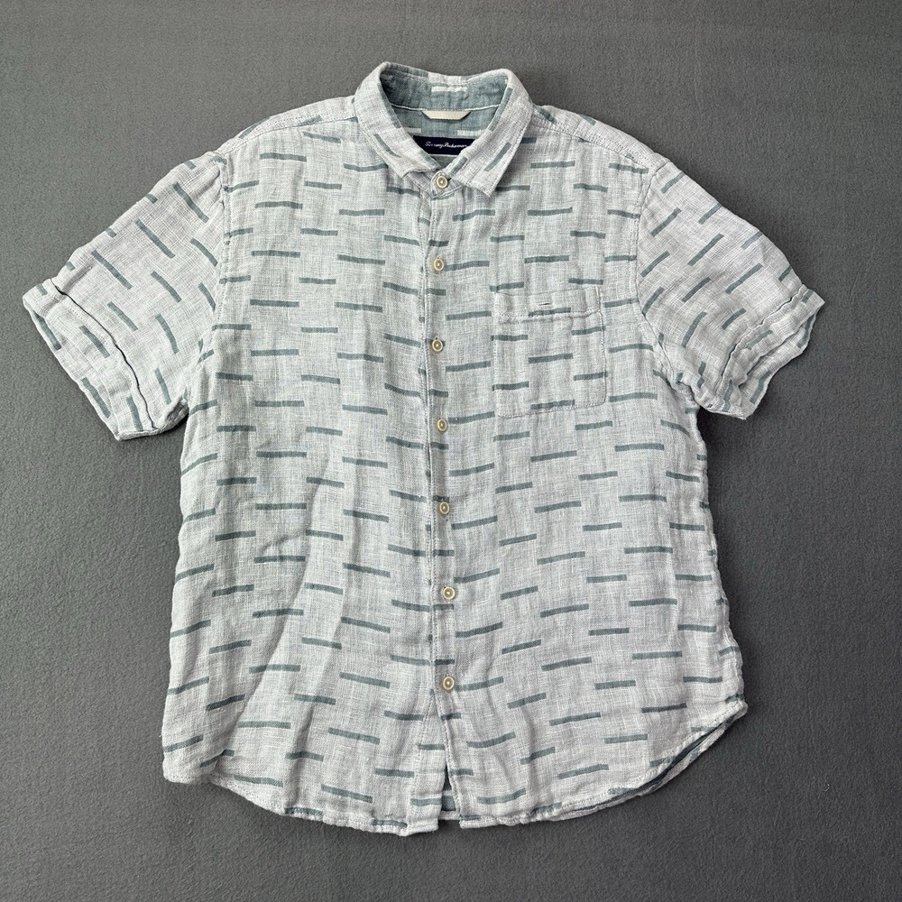 Tommy Bahama 100% Linen Shirt Short Sleeve Teal White Specked Plaid‎ Men's Sz L